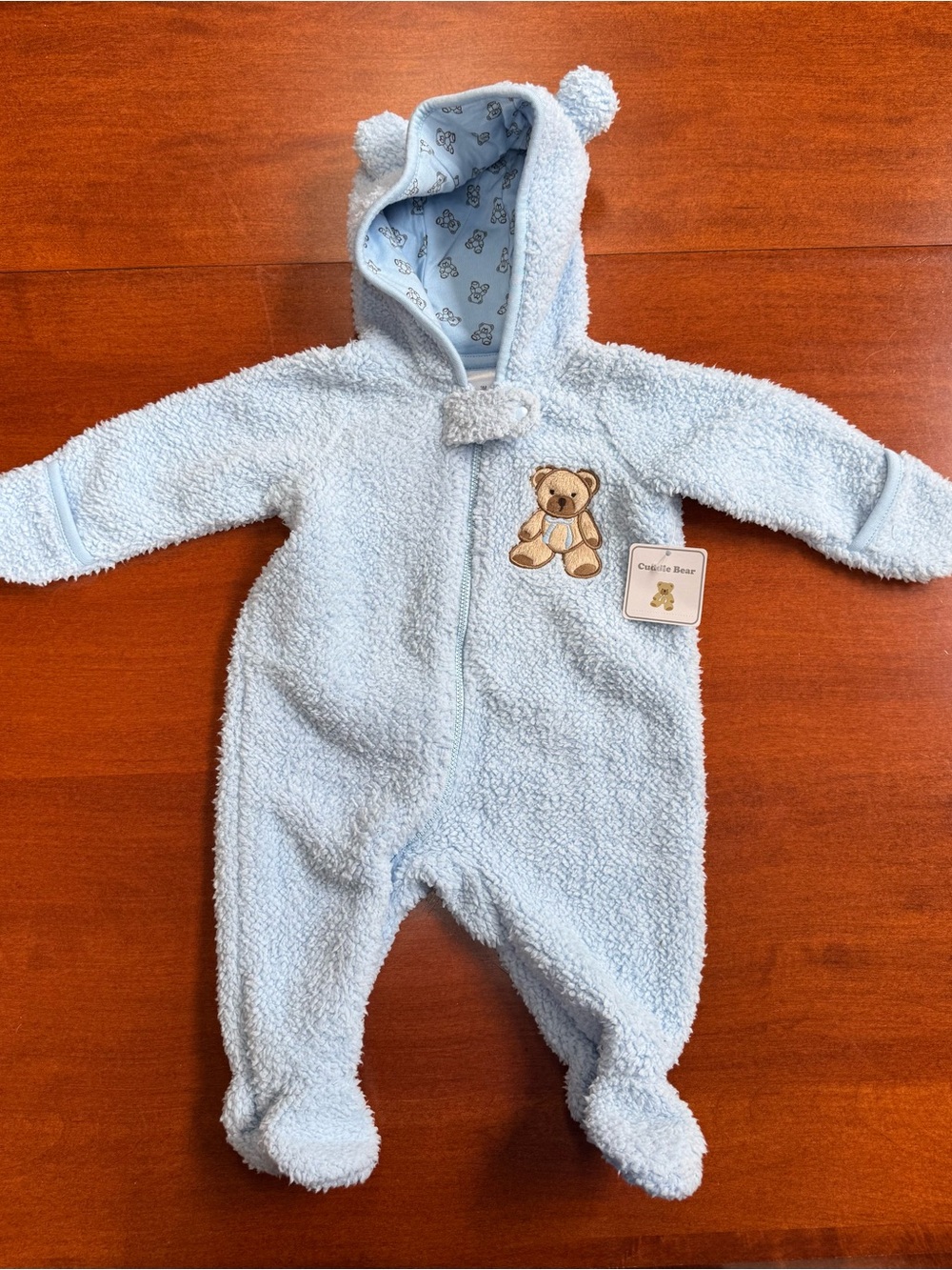 Cuddle Bear Baby Blue Sherpa Teddy Bear Hooded Bunting Snowsuit 3M NWT